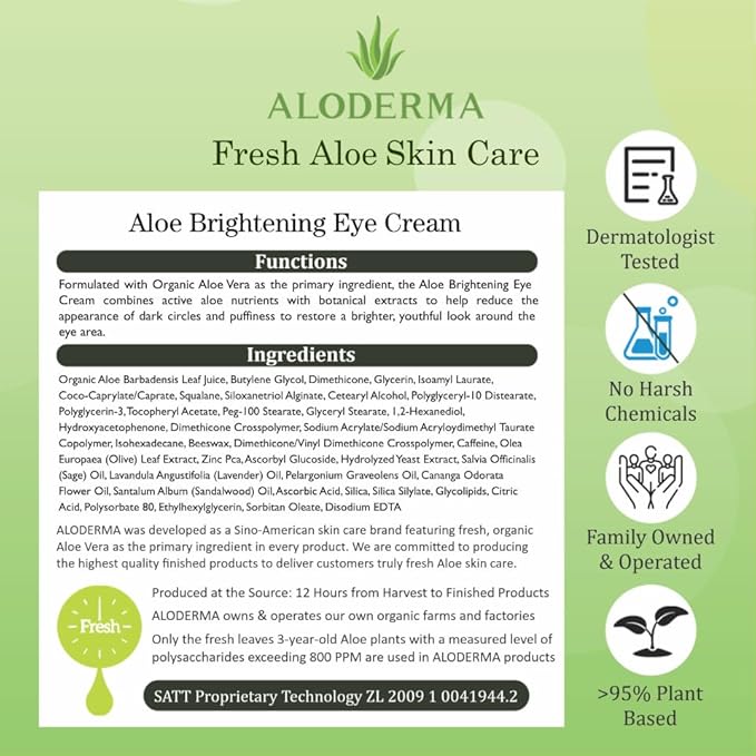 Aloderma Brightening Eye Cream with Organic Aloe Vera - Hydrating Daily Eye Cream for Dark Circles & Puffiness with Caffeine & Sage Oil - Day & Night Eye Cream for Puffy Eyes & Fine Lines, 25g/0.9oz