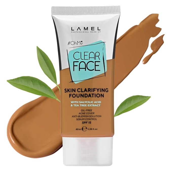 Lamel- Oh my Clear Face Foundation- SPF15-407 Meiduim Tan | Contains tea tree extract and salicylic acid |Controls sebum production |Anti-blemish formula |SPF 15 |Oil free foundation | 40ml