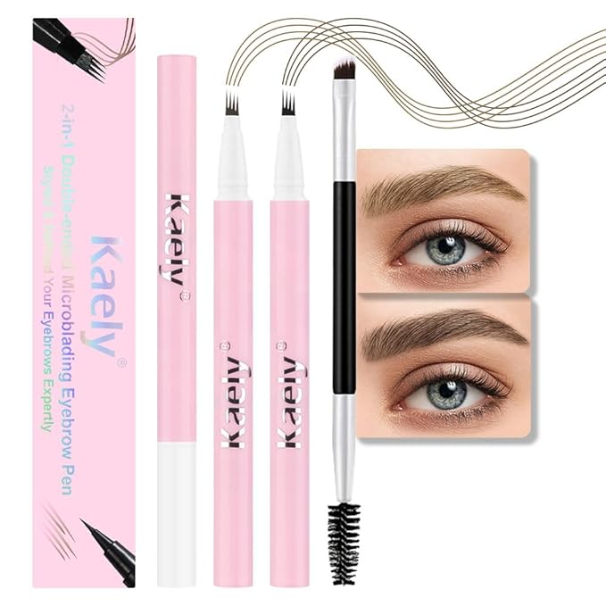 evpct Kaely 2Pcs Light Dark Brown Magic Microblading Eyebrow Contouring Pen Brow Pencil, with 4 Brush Micro-Fork-Tips Applicator, Dual-ended Eyebrow Brush, Hair Like Strokes, Natural Looking Brows