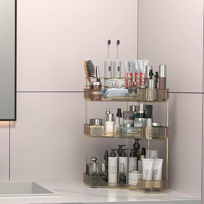 Corner Bathroom Counter Organizer with Top Toothbrush Holders, 3-Tier Make Up Organizers for Vanity with Brush Holder, Corner Storage for Bathroom, Kitchen, Dresser