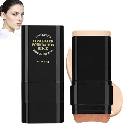 2PCS Long-Lasting Concealer Foundation Stick, Full Coverage Foundation Stick, 2-in-1 Contouring foundation with Brush, Cover Blemishes for All Skin Types (01#Ivory)