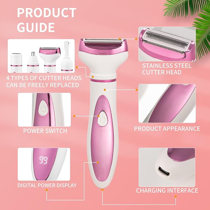 Electric Razor for Women, Bikini Trimmer Womens Shaver for Face Nose Eyebrow Body Leg Pubic Underarm Arm Ladies Rechargeable 4 in 1 Hair Removal Kit Painless Trimming, Gifts for Women (Pink)