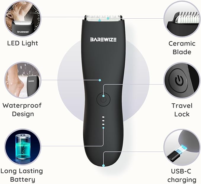 Body Hair & Pubic Hair Trimmer for Men | Waterproof, USB-C Rechargeable, LED Light, Replaceable Ceramic Blade, Electric Ball Shavers, Manscape Kit, Mens Personal Groomer (Raven Black)
