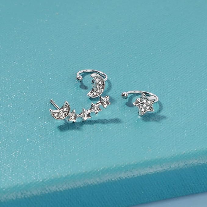 Boho Moon Star Ear Climber Earrings Silver Cz Star Ear Crawler Earrings Vintage Rhinestone Moon Cuff Earrings Cartilage Star Trailing Earrings Celestial Jewelry for Women and Girls Gifts