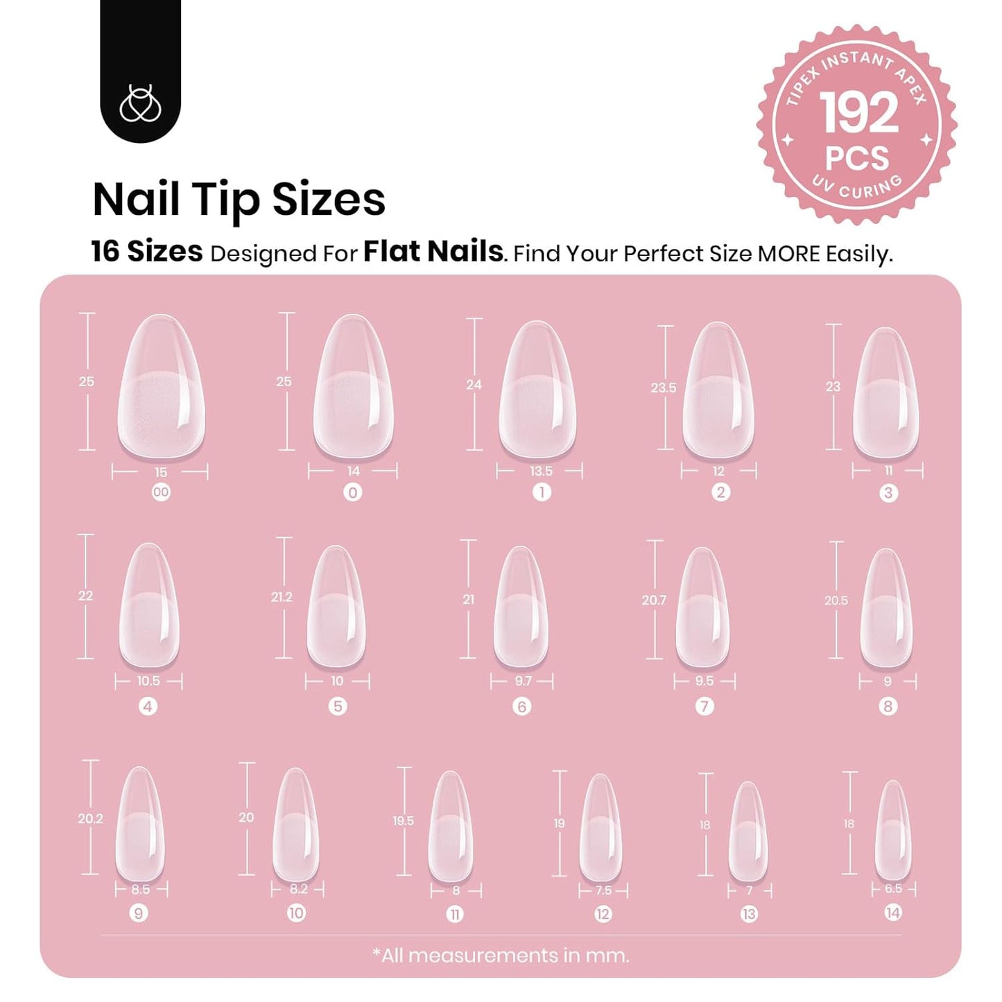 Beetles Tipex Instant Apex Nail Tips, Medium Oval Almond Acrylic Nails 192 Pcs Pre-Building Pre-Etched Thicker Gel Nail Tips - 16 Sizes Strong Full Cover False Nail