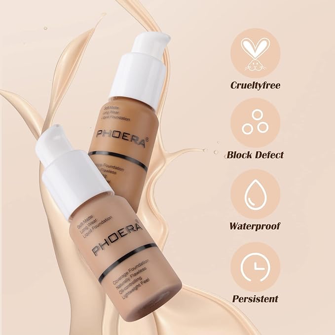 PHOERA Foundation Makeup Naturally Liquid Foundation Full Coverage Mattle Oil-Control Concealer 8 Colors Optional,Great Choice For Gift (2pcs,#103 Warm Peach)