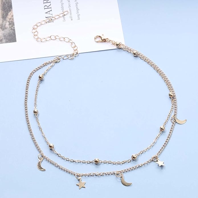 Boho Star Moon Necklace Choker Gold Layered Star Choker Necklace Crescent Moon Necklace Celestial Necklace Chain Festival Jewelry for Women and Girls