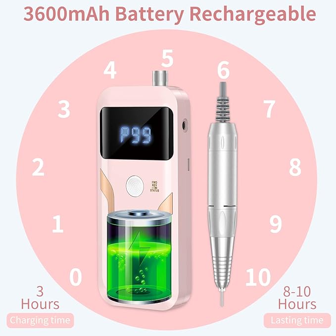 Portable Nail Drill Professional 35000 RPM, MOCOWIND Rechargeable Electric Nail File Machine E File for Acrylic Gel Polishing Removing, Cordless E-File with Bits Kit for Manicure Salon Home,Pink