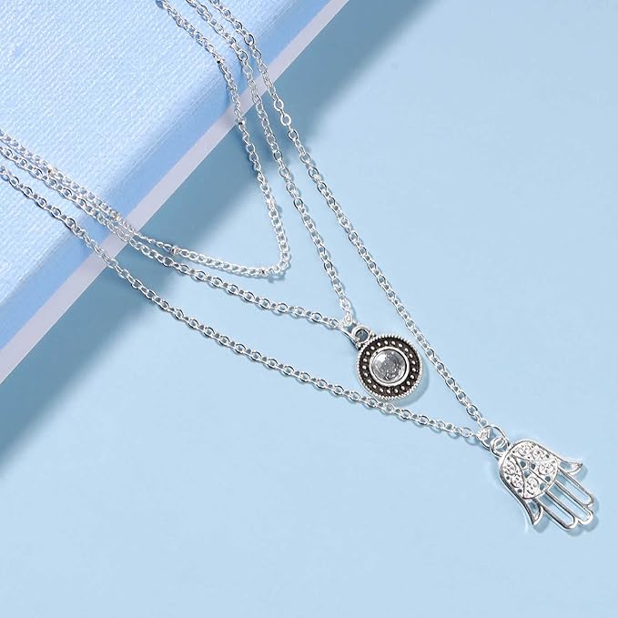 Boho Layered Opal Moonstone Necklace Silver Hamsa Pendant Necklace Futian Hand Necklace Chain Opalite Gem Necklace Jewelry for Women and Girls