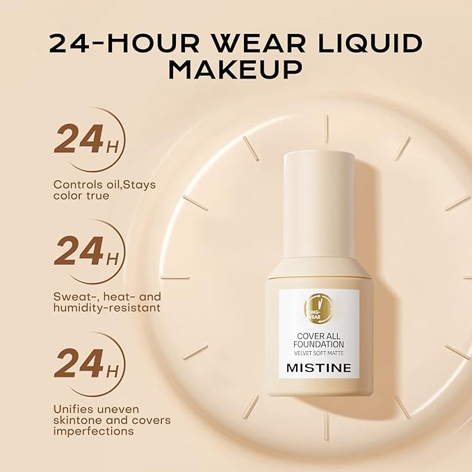 MISTINE Liquid Foundation Makeup Full Coverage Foundation for Oily Skin,24 Hour Oil Control Makeup Foundation,Skin-Caring,Moisturizing Formula,Waterproof Foundation,Matte Finish,Satin,1 Fl Oz