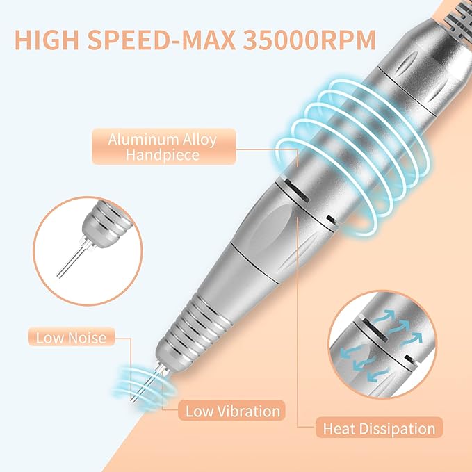 Portable Nail Drill Professional 35000 RPM, MOCOWIND Rechargeable Electric Nail File Machine for Acrylic Nails Gel Polishing Removing, Cordless E-File with Bits Kit for Manicure Salon Home, Black