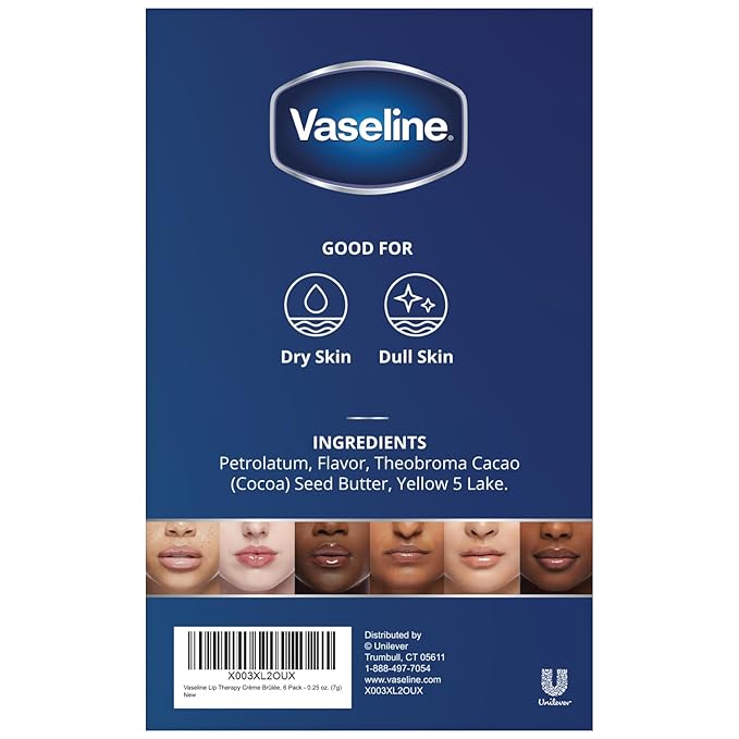 Vaseline Lip Therapy Creme Brulee Mini, White Petrolatum, Advanced Moisturizer, Relieves Dull and Dry Skin, Mini Vaseline Petroleum Jelly, Soft & Smooth Vaseline Lips (Pack of 6-0.25 Oz Ea) 