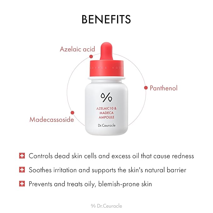 Dr.Ceuracle Azelaic Acid 10 & Madecassoside Ampoule - Redness Relief and Soothing Serum for Sensitive Skin and Blemish-Prone Spot Care, Korean Skincare