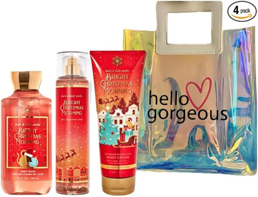 Bath & Body Works - 3 Piece Bundle - Spray - Body Cream - Shower Gel - Full Size and Gift Bag HELLO GORGEOUS (Bright Christmas Morning)