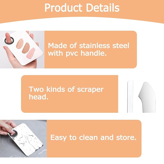 3 Pcs Makeup Foundation Spatula Spoon Tool Set, Make Up Mixing Palette Tray, Stainless Steel Skin Care Spatula, Cosmetic Scoop Scraper for Skincare Face Eye Cream (Silver)