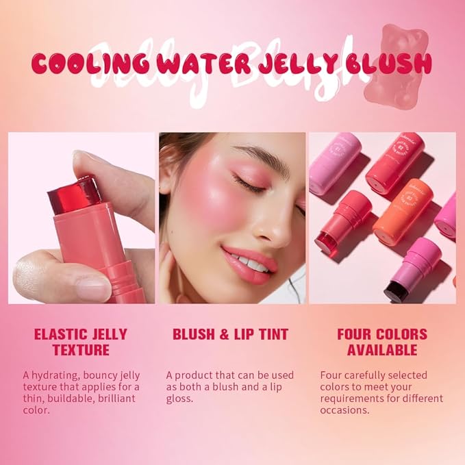 Jelly Cooling Blush Stick, Milk Water Tint, Clear Glossy Long Lasting Sheer Lip & Cheek Stain, Waterproof Light Non-Sticky Buildable Watercolor Finish-Vegan, Cruelty Free (#4 berry, 0.17oz)