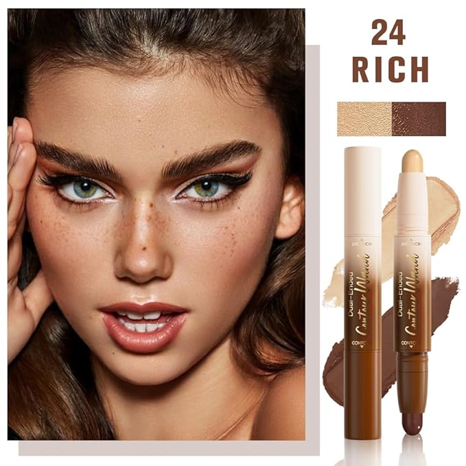 2Pcs 2in1 Cream Contour Highlighter Stick, Dual-Ended Highlighter Makeup Contour Stick, Contour Stick Dual Ended For Face Body Makeup,Long Lasting Waterproof for All Skin Tones (02+04)