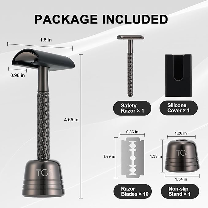 Double Edge Safety Razor for Men with Stand and Silicone Cover - Durable Metal Eco-Friendly Single Blade Safety Razor with 10 Blades - Closed Smooth Shave Matte Black
