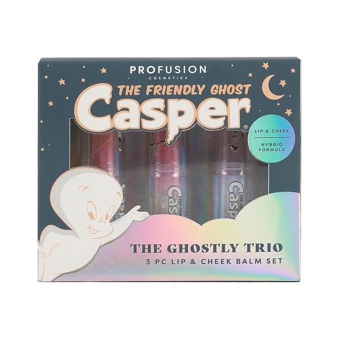 Profusion Cosmetics Casper The Friendly Ghost 3 PC Lip & Cheek Balm Set, Moisturizing Clear Shine Lip Balm and Nourishing Cheek Balm, Unique Makeup Blending Formula, Easy Apply and Long-Lasting Wear