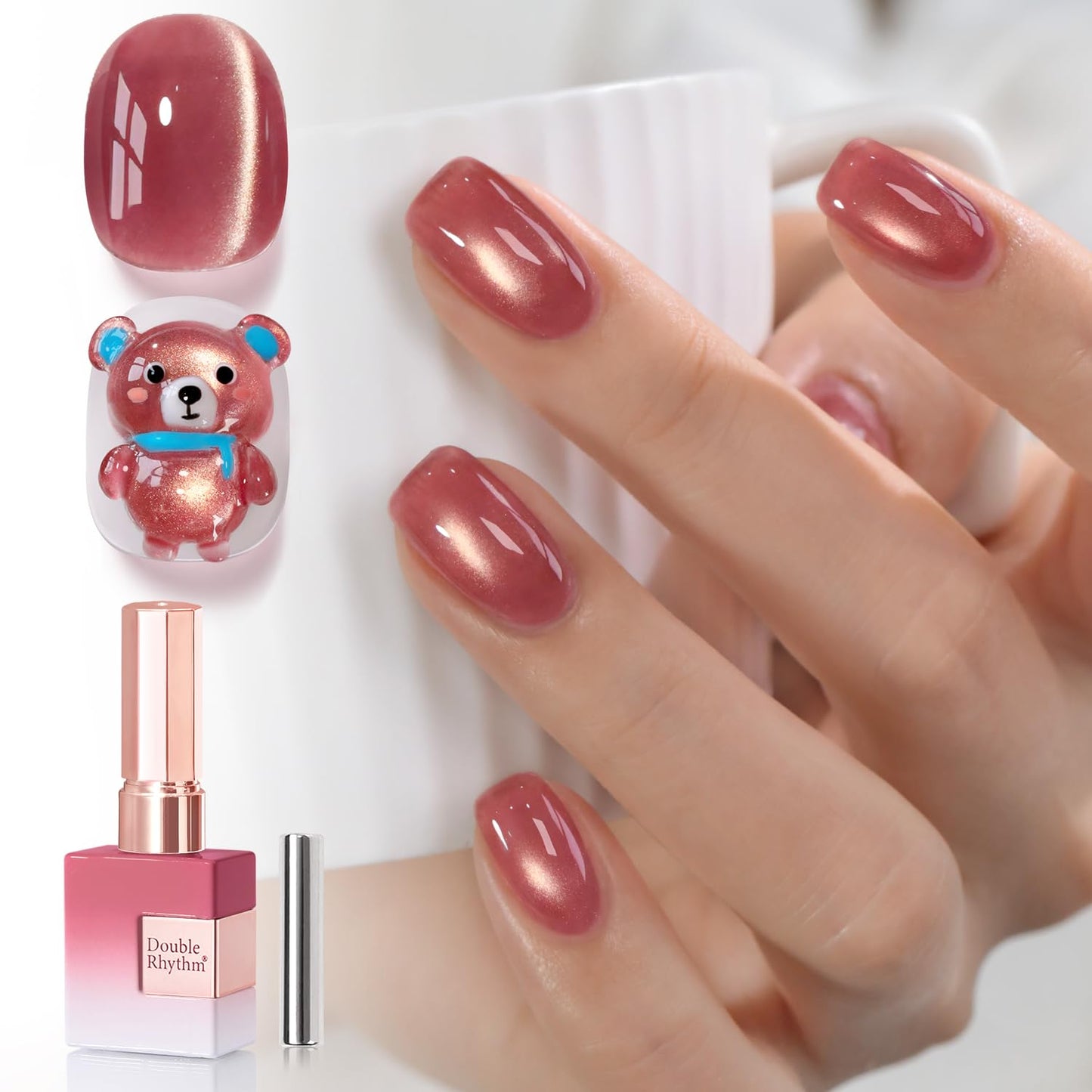 Double Rhythm 0.5 OZ Cat Eye Gel Polish with Magnet 15ML Holographic Glitter Shimmer Translucent Jelly Color Magnetic Nail Polish Salon DIY at Home (Rose Coffee-MC1272)