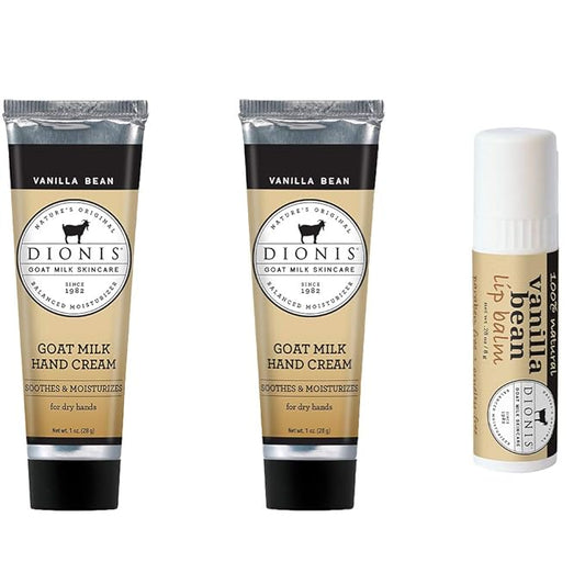 Dionis Goat Milk Hand Cream and Lip Balm 3 Piece Gift Set (Vanilla Bean, 3 Piece)