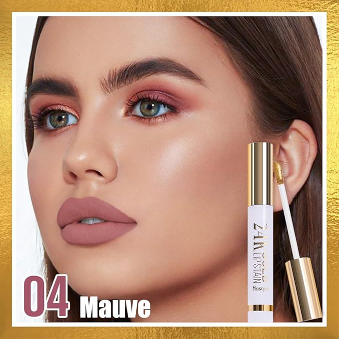 2025 New 24K Gold Liquid Lip Gloss Peel Off Lip Stain Tattoo with Tweezer, Mauve Lips Stain Peel Off Masque, Long Lasting Waterproof Lip Tint Stain, Transfer-proof for All Skin Types 04#
