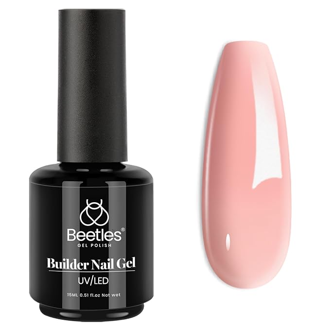 Beetles Builder Gel 15ML, 7 in 1 Builder Strengthener Gel Translucent Pink Nude Gel Nail Extension Brush in Bottle UV Gel Nail Polish, No Slip Solution Need Base Gel Needed