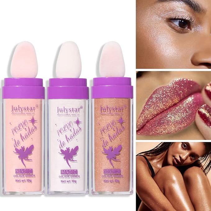 AKARY Shimmer Highlighter Powder, Fairy Polvo De Hadas Highlighter Powder & Blush Stick, Instant Glow Luminizer Duo, Glitter Body Face Hair High Gloss Stick, Sparkle Smudge-Proof Highlighter Stick Party Makeup (B-#03)