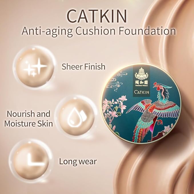 Catkin Phoenix Cushion Foundation Buildable Coverage Anti-Aging Serum Makeup, Sheer Satin Finish, Refill Included, Light Beige 0.46 Oz x 2, C01 NATURAL