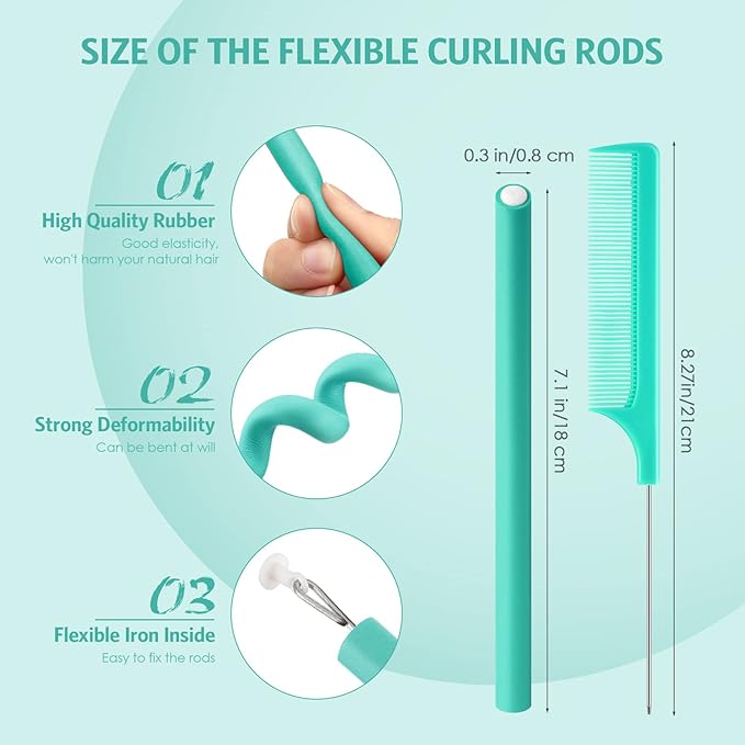 Syhood 30 Pcs 7'' Flexible Curling Rods Twist Foam Hair Rollers Soft Foam No Heat Hair Rods Rollers and 1 Steel Pintail Comb Rat Tail Comb for Women Long Short Hair(Lake Green,7 x 0.3 Inch)