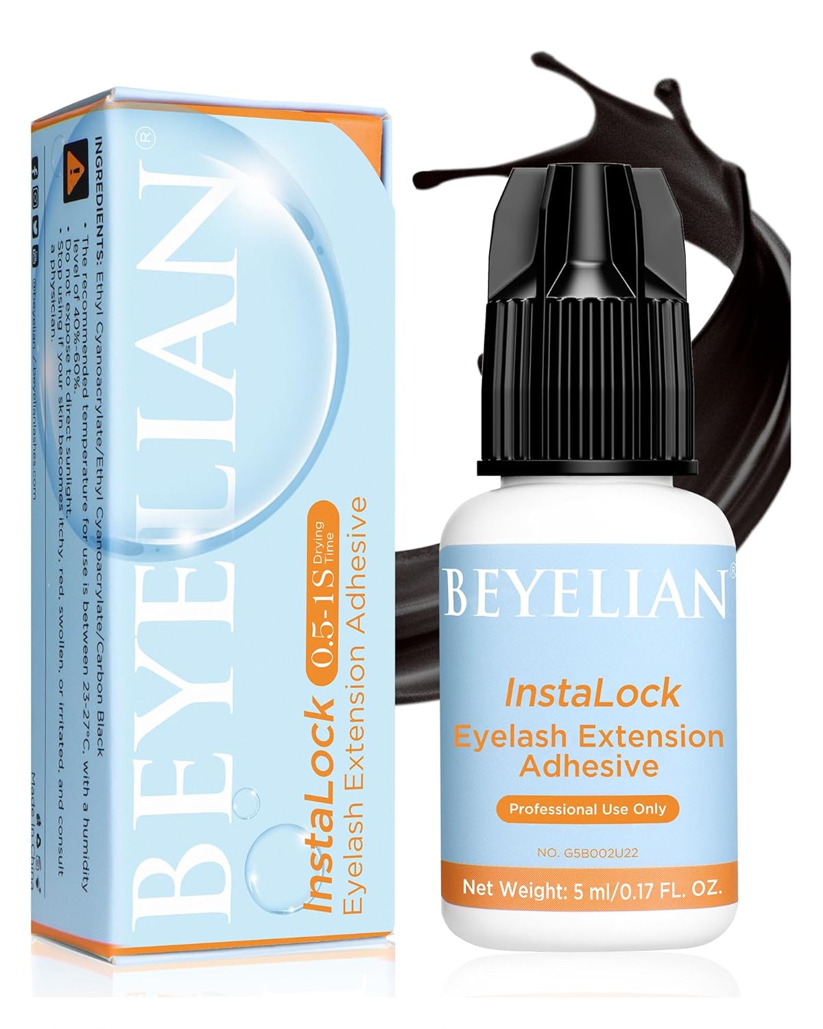 BEYELIAN Sensitive Eyelash Extension Glue 0.5-1 Sec Dry Lash Glue Waterproof Black Adhesive Professional Hypoallergenic Formaldehyde-Free 5ML (B01)