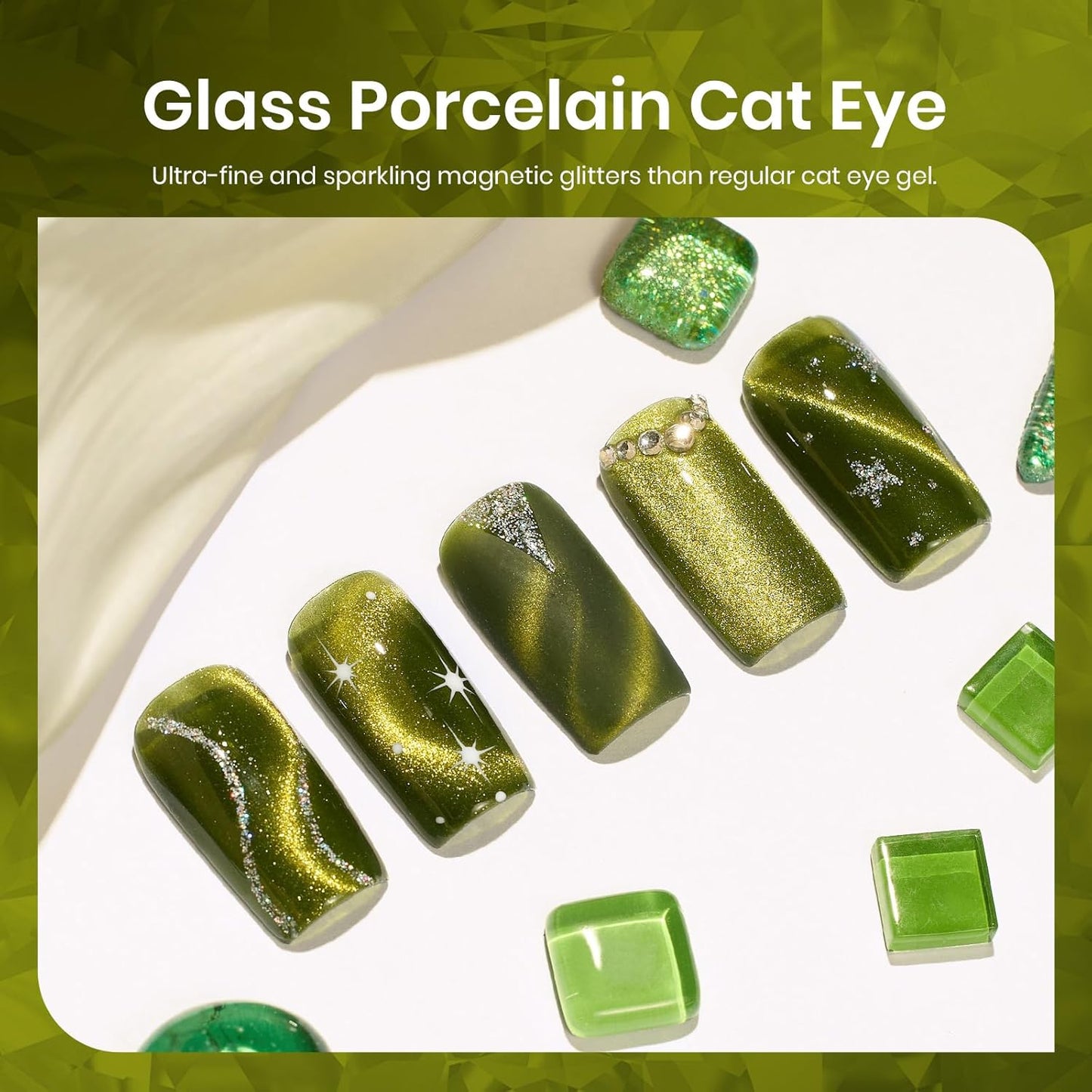 Beetles Olive Green Cat Eye Gel Nail Polish, 15ML Holographic Glitter Magnetic Soak Off UV Nail Art Manicure Gifts for Women