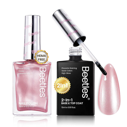 Beetles Nail Polish,15 ML Pearl Pink Nail Polish with 2 in 1 Base Top Coat -Fast Drying & Long Lasting Pearl Romantic Reverie Valentine's Day Gift for Women