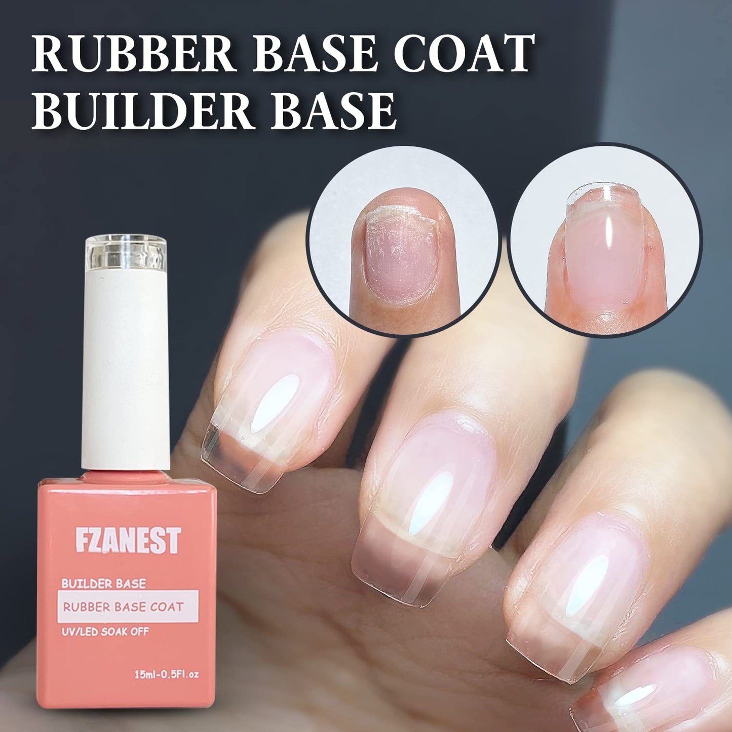 FZANEST Nude Rubber Nail Base Gel Polish, Builder Bottle Nail Strengthener Self-level Extension Fiber Gel, UV LED Base Coat