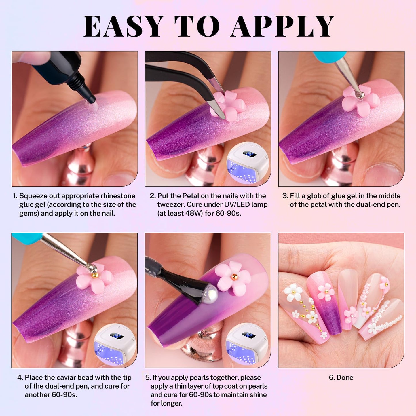 3D Nail Charms, Manicure Kit with Nail Rhinestone Glue Gel (UV Curing), Butterfly Colorful Flower Starry AB Gems Caviar Beads Half Round Pearl & Flatback Glass AB + Clear Gems with Dotting Tools