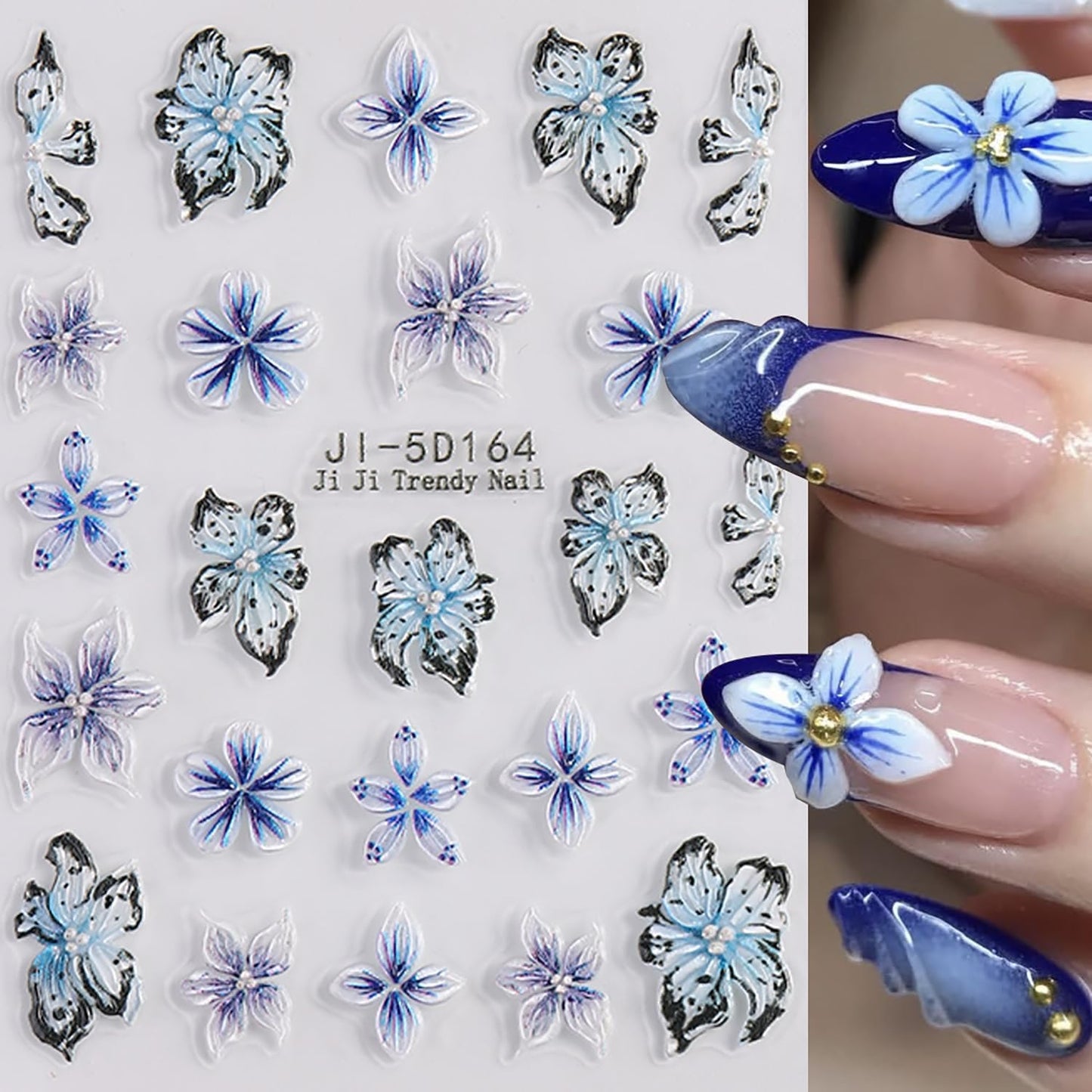 4 Sheets 5D Flower Nail Art Sticker Stereoscopic Floral Self-Adhesive Nails Stickers Blossom Nail Art Decals Holographic Flowers Decal for Women Pink Blue Red Manicure Stickers DIY Nails Supplies