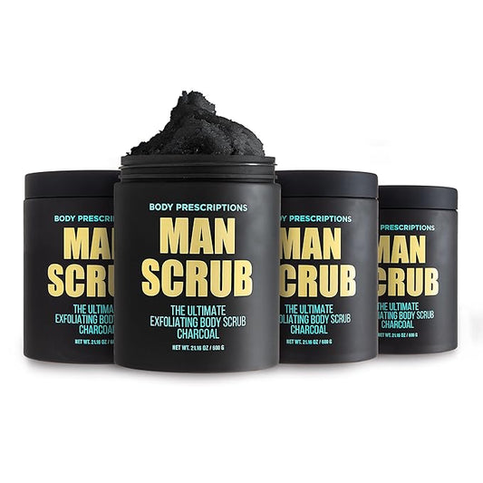Body Prescriptions Men’s Exfoliating Body Scrub – Ultimate Skin Cleansing Wash in Jar with Twist-Top Lid, For All Skin Types, 21 Ounce (Pack of 4), Charcoal
