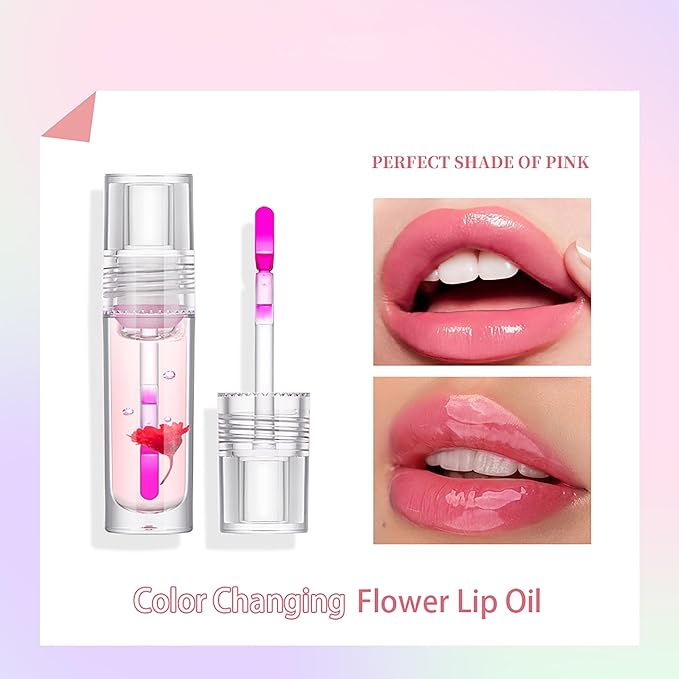 Flower Lip Oil, Hydrating Lip Glow Oil, Plumping Lip Oil, Non-Sticky Long Lasting Lip Oil Gloss, Transparent Lip Oil Tinted, Lip Plumper Gloss, Moisturize your lips and Reduce lip lines (01)