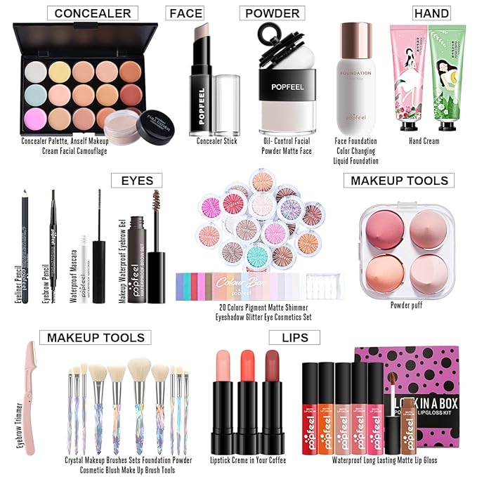 All-in-one Holiday Make up Gift Set | Makeup Kit for Women Full Kit Essential Starter Bundle Include Eyeshadow Palette Lipstick Blush Foundation Concealer Face Powder Mascara Lipgloss Brush