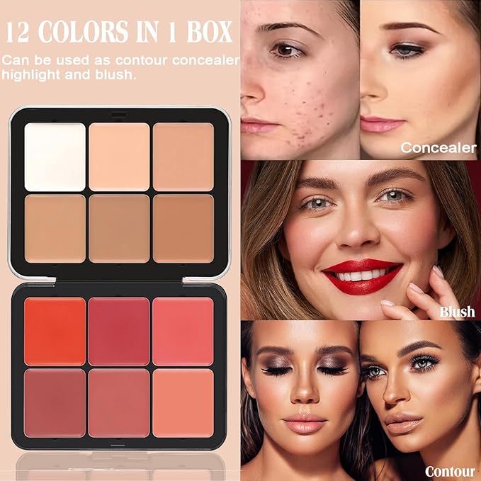 6 Colors Cream Blush Palette + 6 Colors Concealer Cream Contour Palette, Carla Secret Makeup Palette, Foundation Palette with 11 Pcs Makeup Brush Set, Long Wearing Blendable Full Coverage