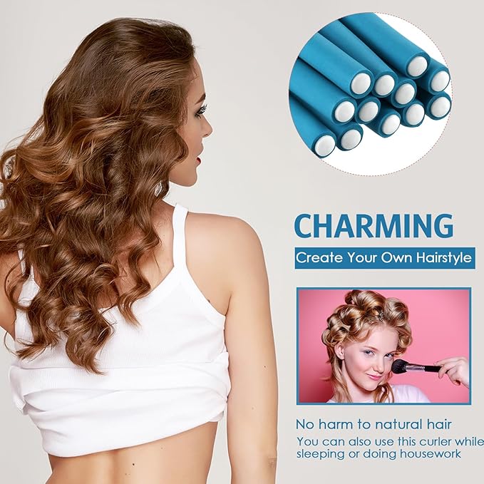 Syhood 30 Pieces Flexible Curling Rods Twist Hair Rollers Soft Foam Rods No Heat and 1 Pcs Steel Rat Tail Comb for Women Long and Short Hair(7 x 0.7 Inch,Blue)