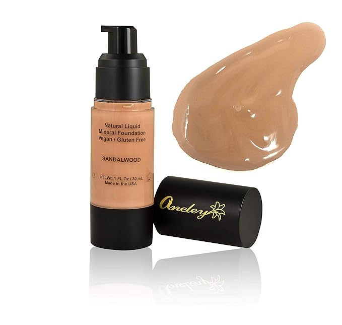 liquid mineral foundation organic natural vegan cruelty free chemical free full coverage aloe base highly pigmented lightweight formula acts as a moisturizer, sunblock and skin care (Sandalwood)
