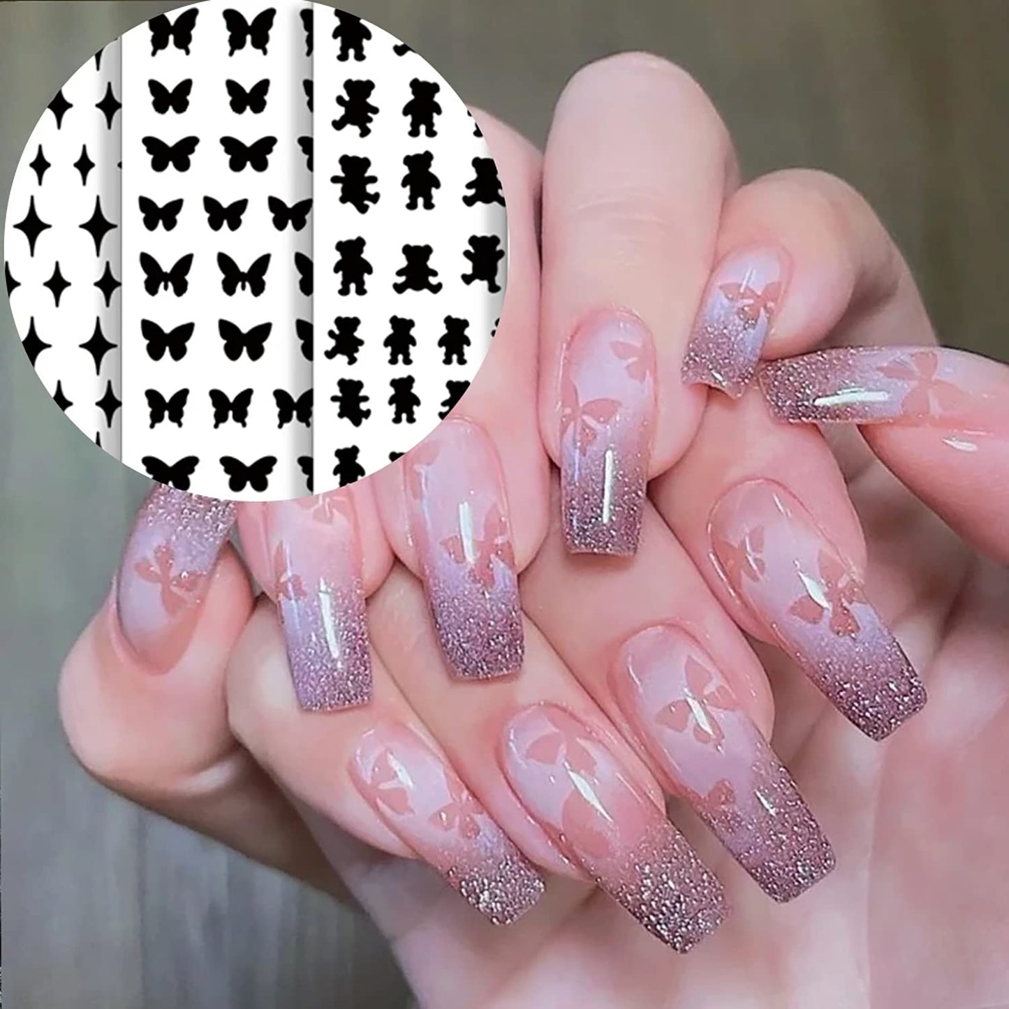 SILPECWEE 17 Sheets Airbrush Stencils for Nails French Tip Nail Guide Nail Design Stickers Bear Butterfly Heart Star Nail Art Stickers Decals Printing Template Tool Manicure Strips Nails Decoration