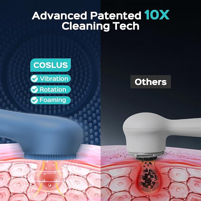 COSLUS Face Scrubber Facial Cleansing Brush: 2 in 1 Spin and Vibration Patented Tech, Silicone Electric Exfoliator Scrubber with Automatic Foaming, Waterproof Face Cleanser Brush for Men and Women
