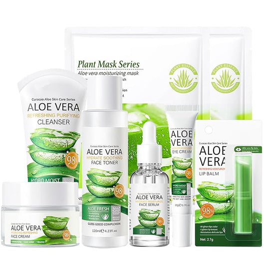 8Pcs Skin Care Products Set, Aloe Vera Skin Care Sets, Skin Care Gift Set for Women Girls, Skincare Routine Set, Face Care Kit with Cleanser, Mask, Toner, Serum, Lip Balm, Eye Cream, Moisturizer
