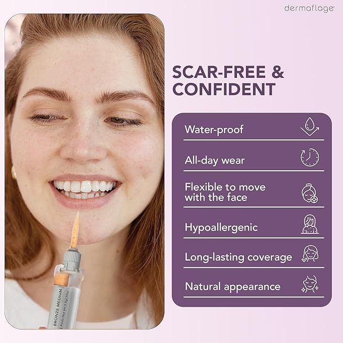 Dermaflage Scar Filler Kit - Bronze Medium - Deep Scar Cover and Waterproof Concealer for Acne Scars Wrinkles, and Ice Pick Scars Makeup, 1 mo supply