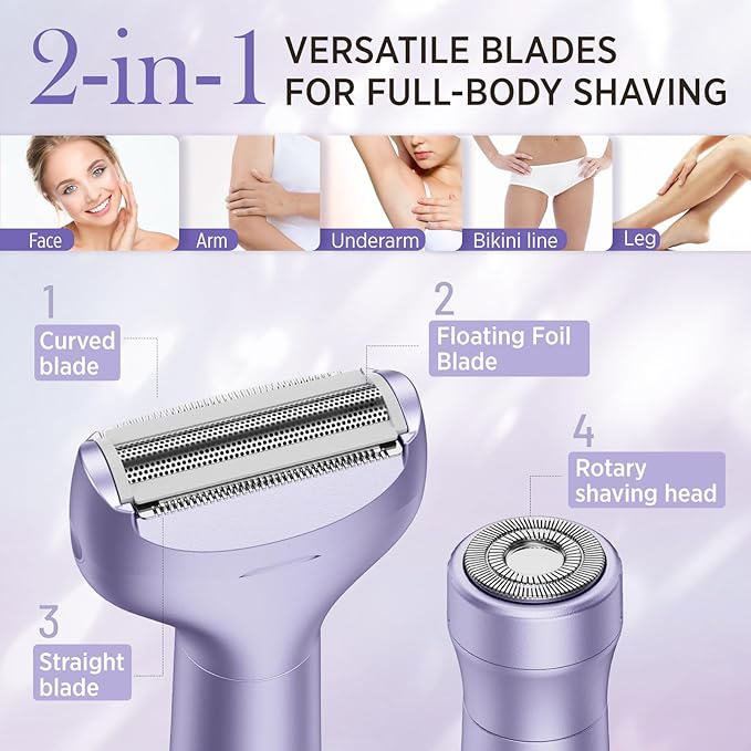 Electric Razor for Women Body: Rechargeable Painless Electric Shaver for Bikini Face Body Legs Underarms - 3-in-1 Blade and Rotary Shaving Head (Purple)