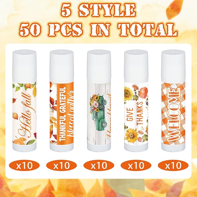 50 Pack Hello Fall Thanksgiving Party Gifts Favors Bulk Lip Balms Gifts Small Thank You Appreciation Gifts Thanksgiving Christmas Stuffers for Women Men Staff Coworkers