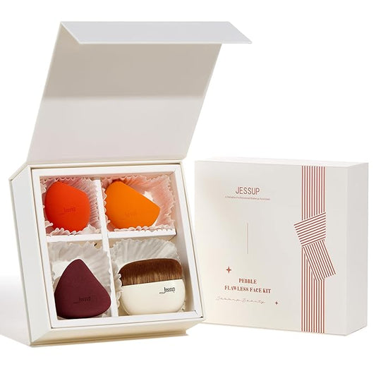 Jessup Foundation Brush with Makeup Sponge Set, 1pc Flat Top Kabuki Brush and 3pcs Make up Sponges for Concealer Blending Blush Powder Buffing Stippling with Gift Box, T505