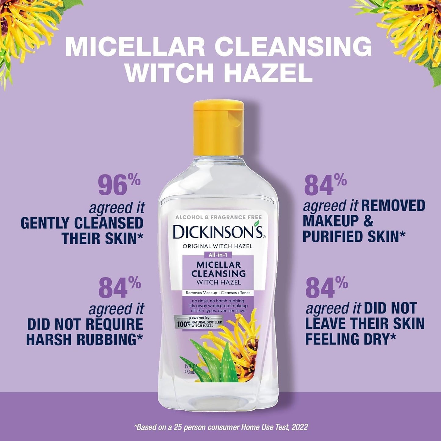 Dickinson's Micellar Cleansing Witch Hazel, An All-in-1 Makeup Remover, Pore Refiner, Skin Cleanser and Toner; Alcohol Free with Aloe, for Sensitive Skin, 16oz